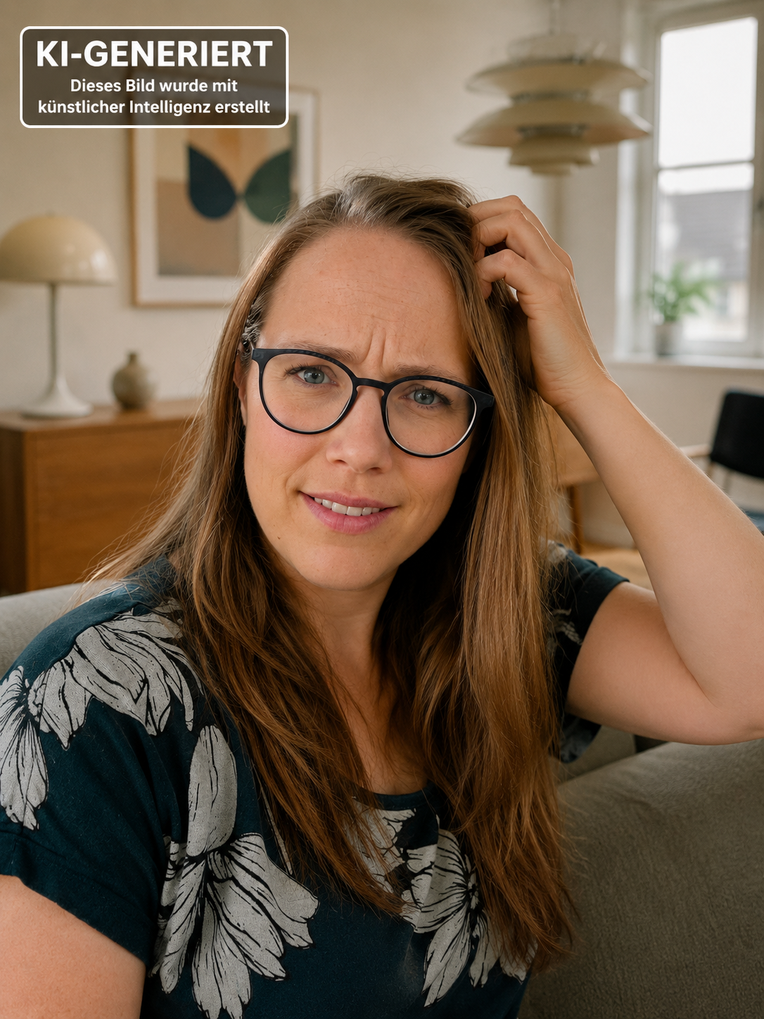 KI-generiertes Porträt von Linda Müller mit irritiertem Gesichtsausdruck, gekennzeichnet als „KI-generiert