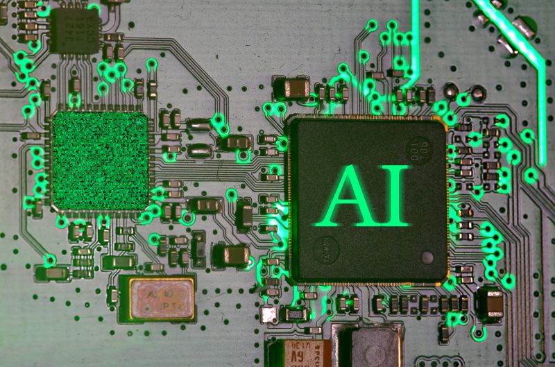 Leiterplatte mit grün leuchtendem Schriftzug „AI“ auf einem Chip